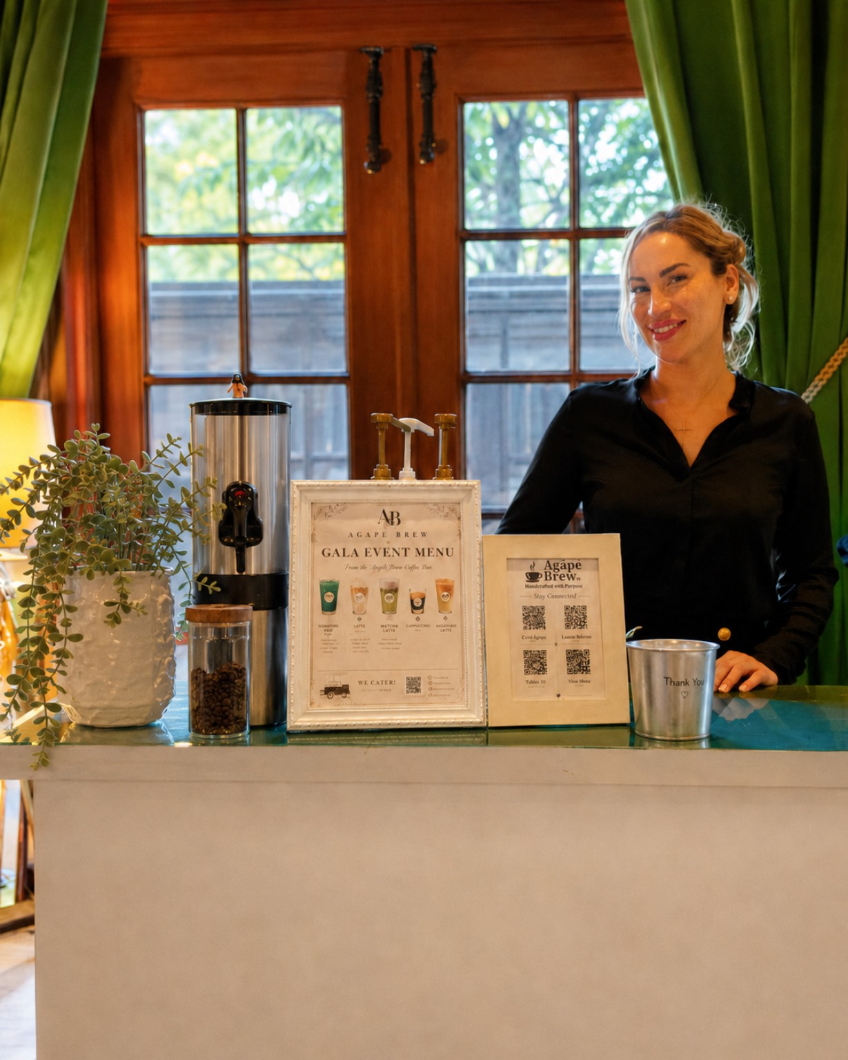 Agape Brew mobile coffee cart catering with professional barista serving handcrafted drinks at a Miami event